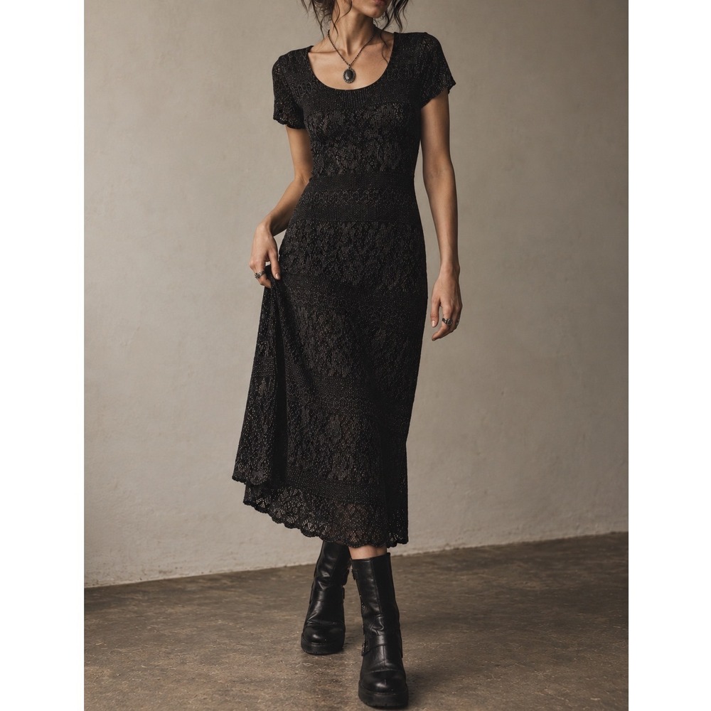 Jessica Howard Metallic Crochet Knit Black Dress 4P Whimsigoth 90's Witchy